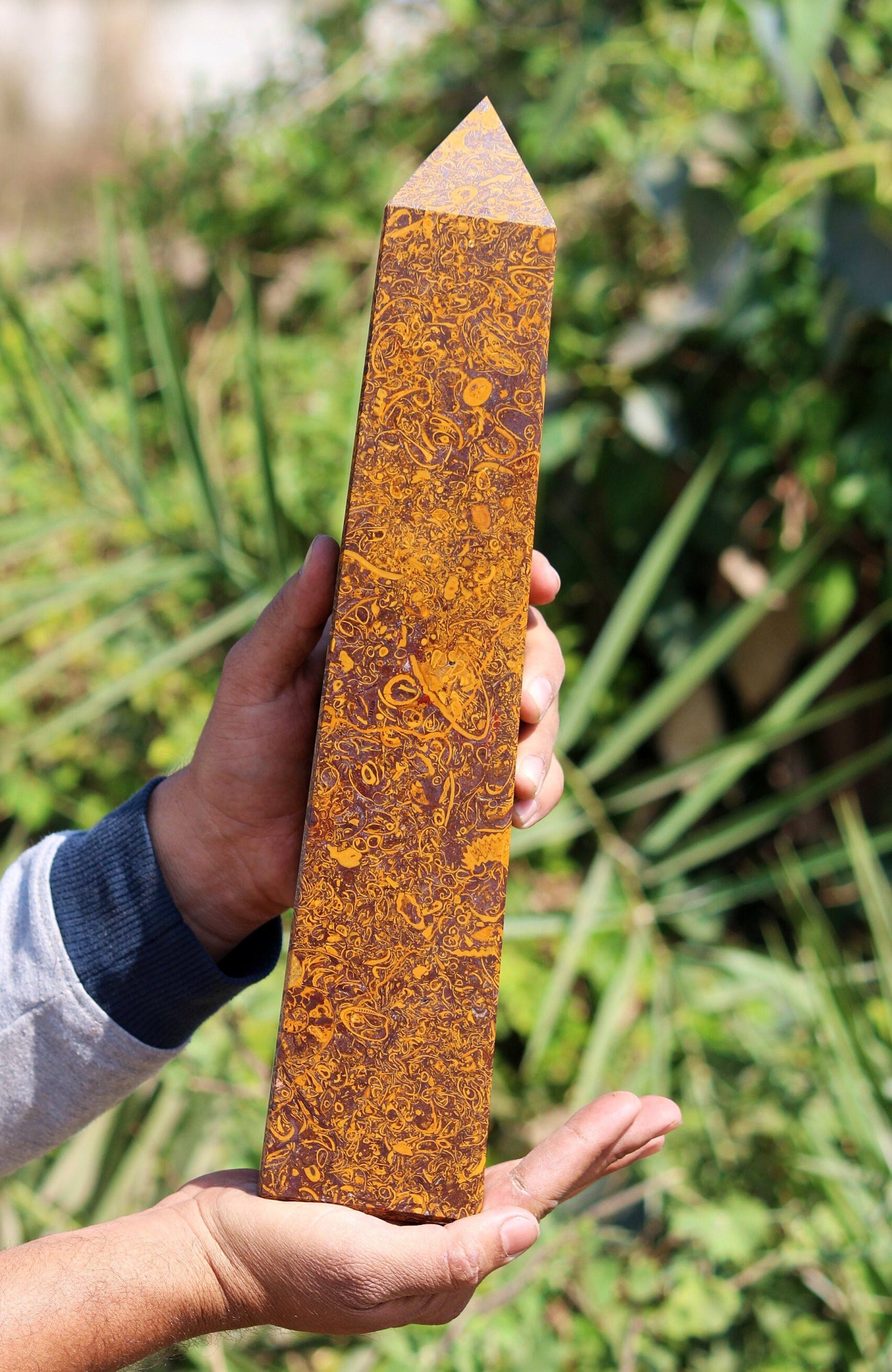 Massive 350 Mariam Jasper Obelisk Tower: Calligraphy Stone, Reiki Aura Stone