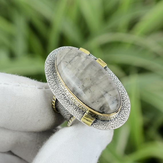 Australian Zebra Jasper Ring: 925 Sterling Silver, 18k Gold Plated, Size 8