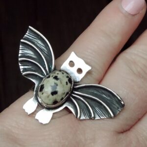 Dalmatian Jasper Bat Ring: Handmade Sterling Silver Gothic Jewelry, Size 8