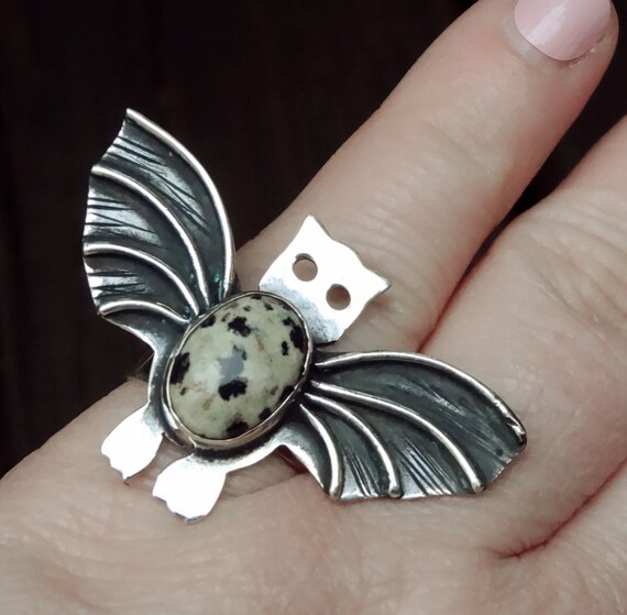 Dalmatian Jasper Bat Ring: Handmade Sterling Silver Gothic Jewelry, Size 8