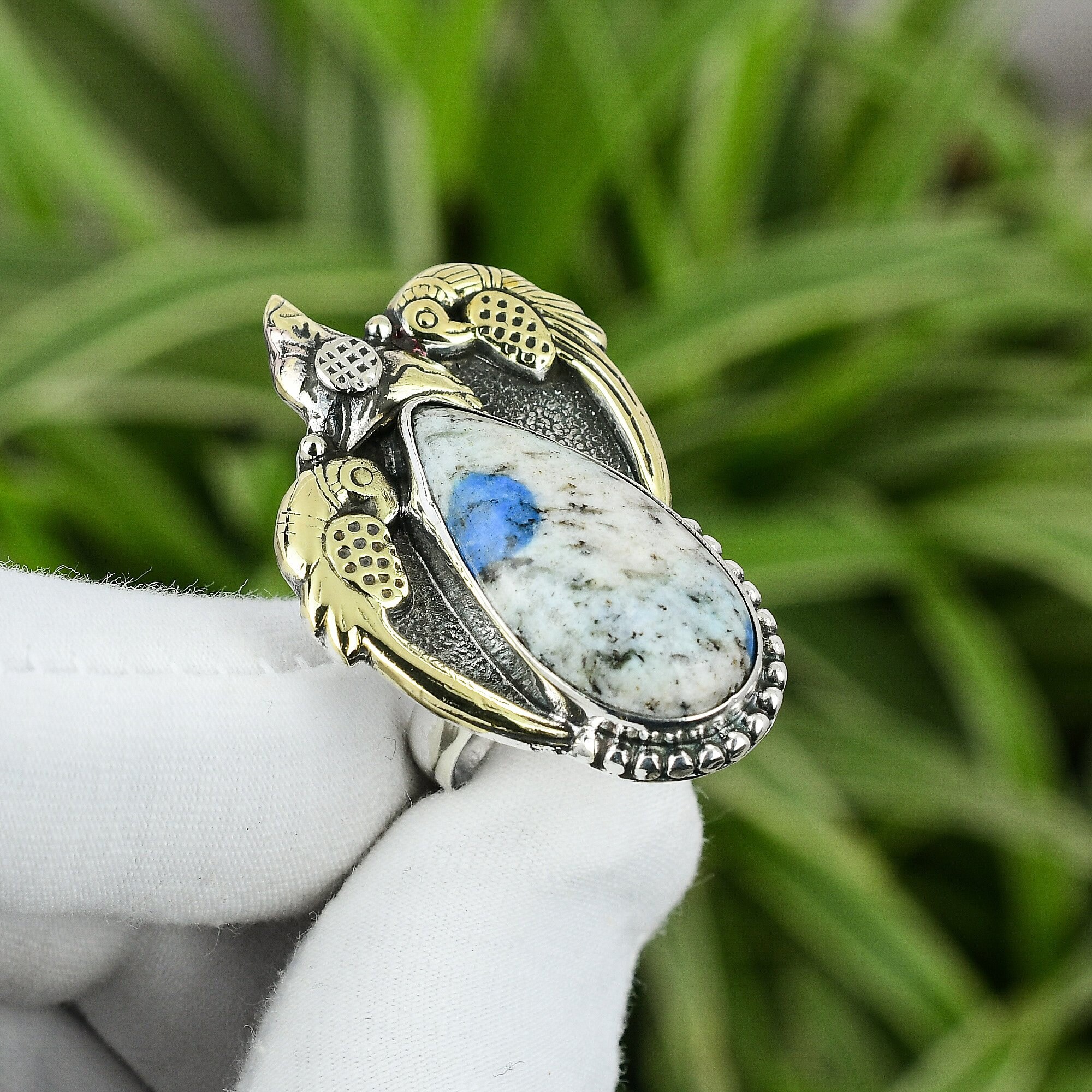 Handmade K2 Jasper Ring: 18k Gold Plated 925 Sterling Silver, Adjustable
