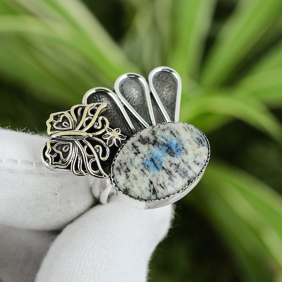 Handmade K2 Jasper Ring: 925 Sterling Silver, 18k Gold Plated, Adjustable