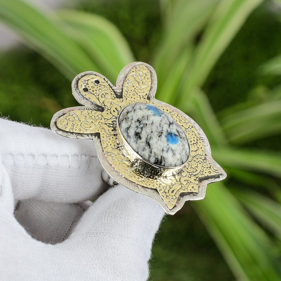Handmade K2 Jasper Turtle Ring: 18k Gold Plated Sterling Silver, Adjustable