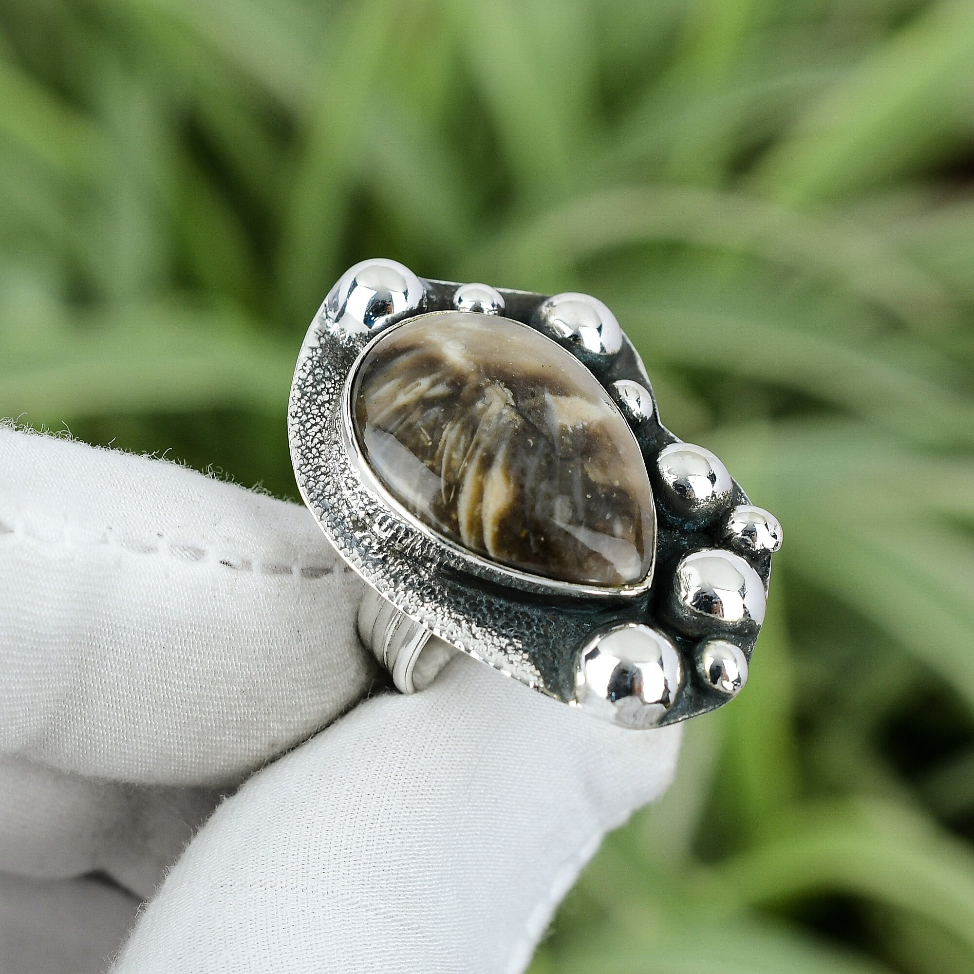 Handmade Peanut Wood Jasper Ring: Pear Stone, Sterling Silver, Size 8