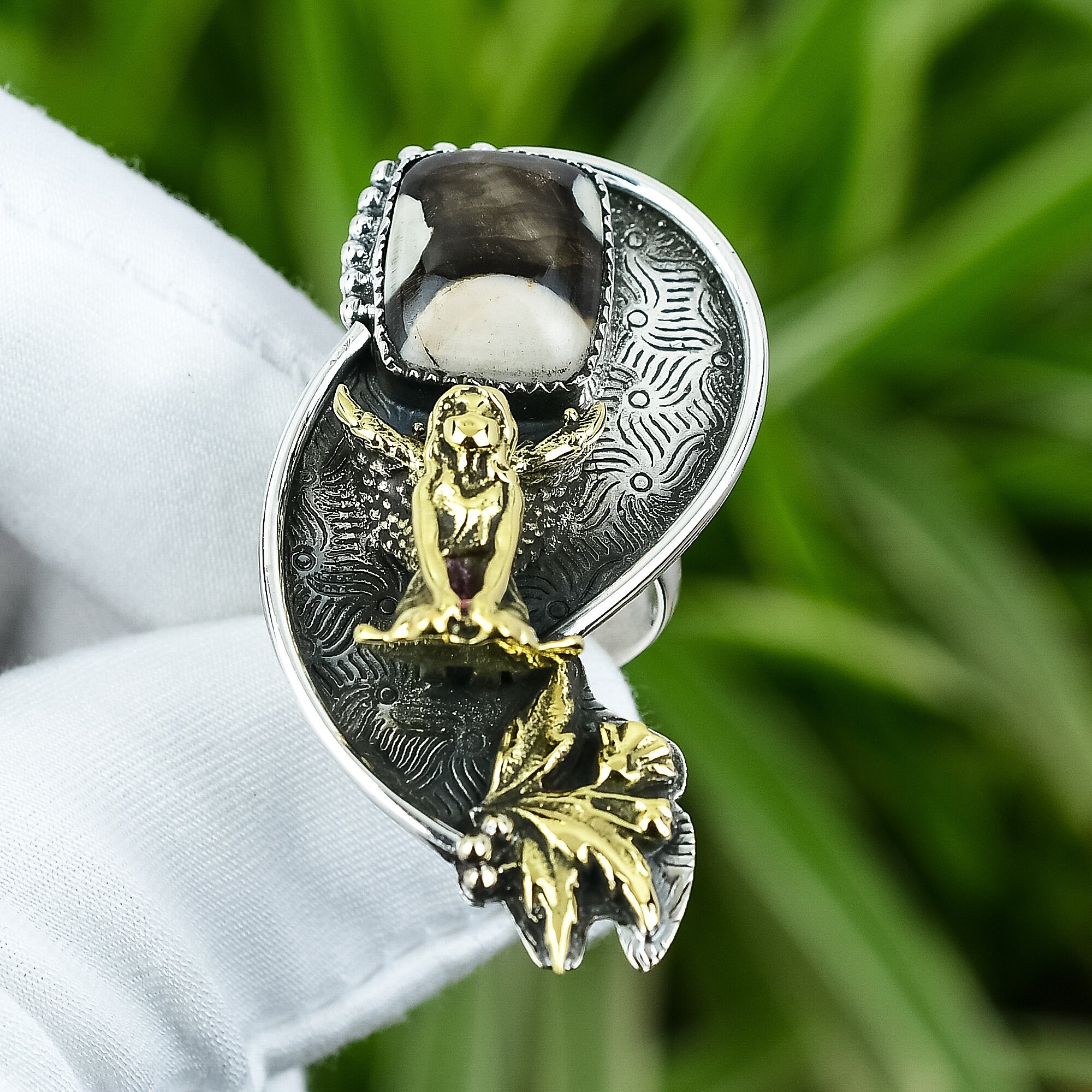 Handmade Peanut Wood Jasper Ring: 925 Sterling Silver Angel Ring