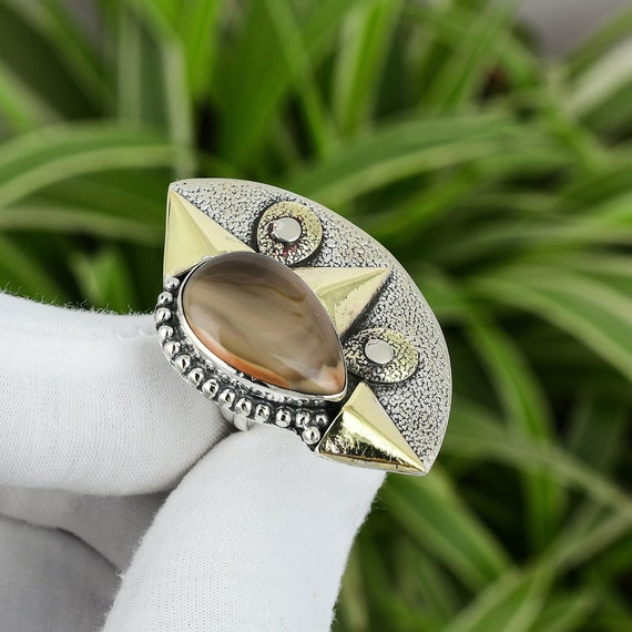 Handmade Pear Imperial Jasper Ring: 925 Sterling Silver, 18k Gold Plated, Adjustable