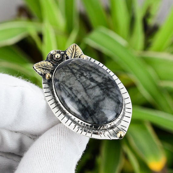 Handmade Picasso Jasper Ring: 925 Sterling Silver, 18k Gold Plated, Adjustable