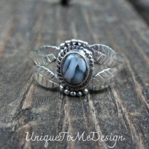 Handmade Pinolith Jasper Ring: Sterling Silver Leaf Design, Size 7.5