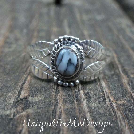 Handmade Pinolith Jasper Ring: Sterling Silver Leaf Design, Size 7.5