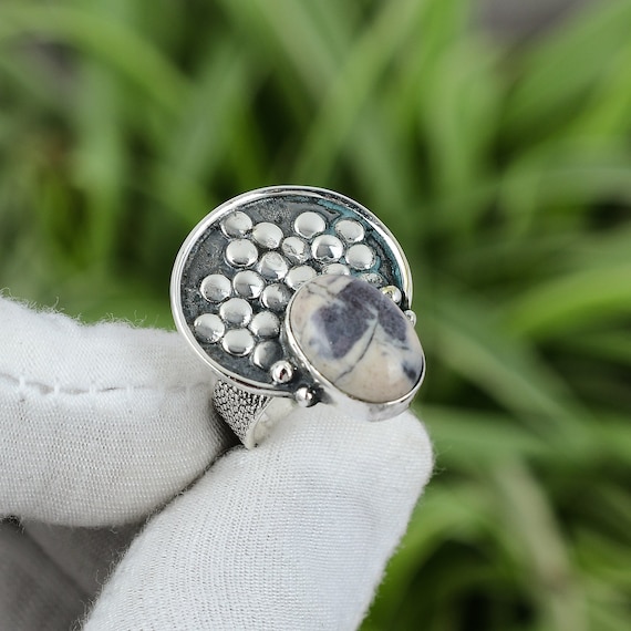 Handmade Porcelain Jasper Ring: Oval Gemstone, Sterling Silver, Size 5.75