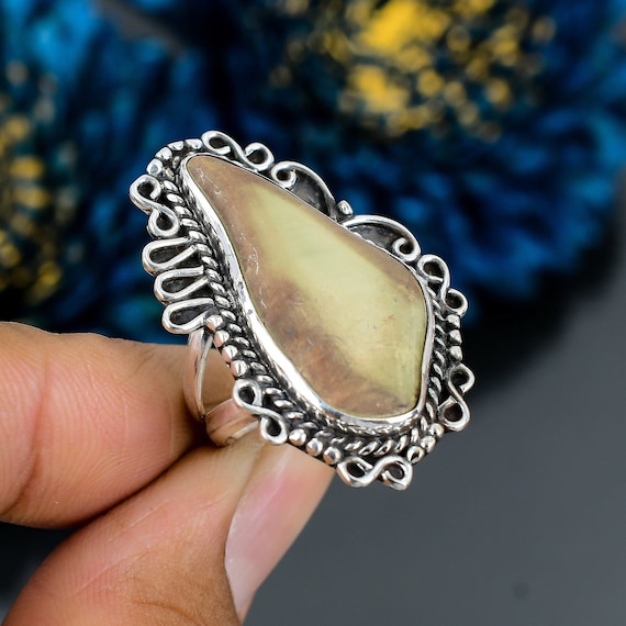 Imperial Jasper Ring: Handmade 925 Sterling Silver, Pear Stone, Size 8