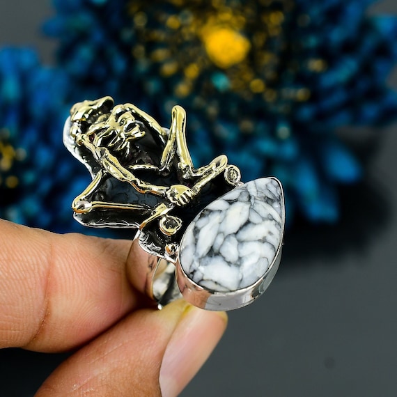 Pinolith Jasper Sterling Silver Ring: Adjustable Skeleton Design