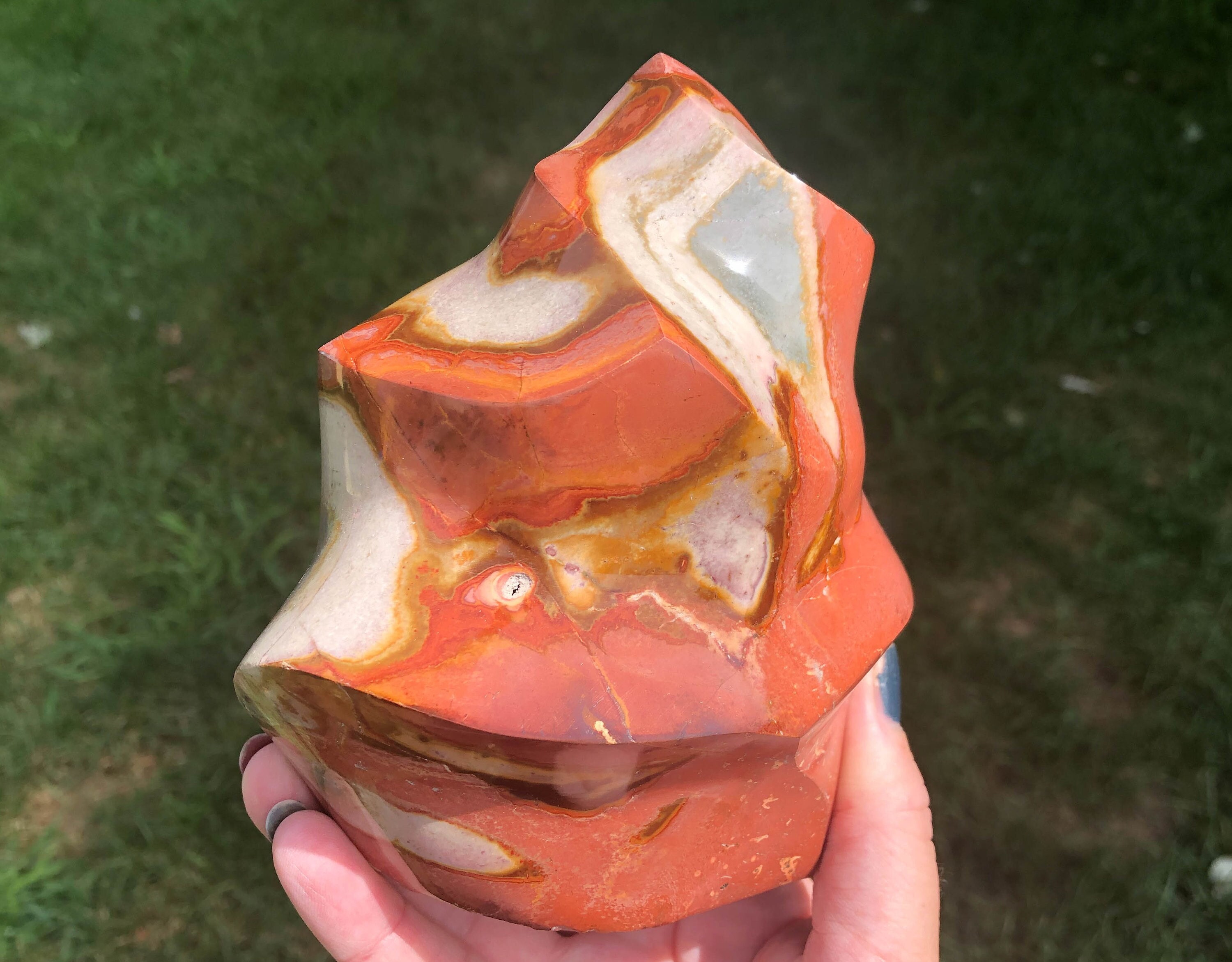 5.4" Polychrome Jasper Flame, Crystal Flame Carving, Crystal Spiral, Desert Jasper, Polished Stone, Home Decor, Pink Blue,  #3