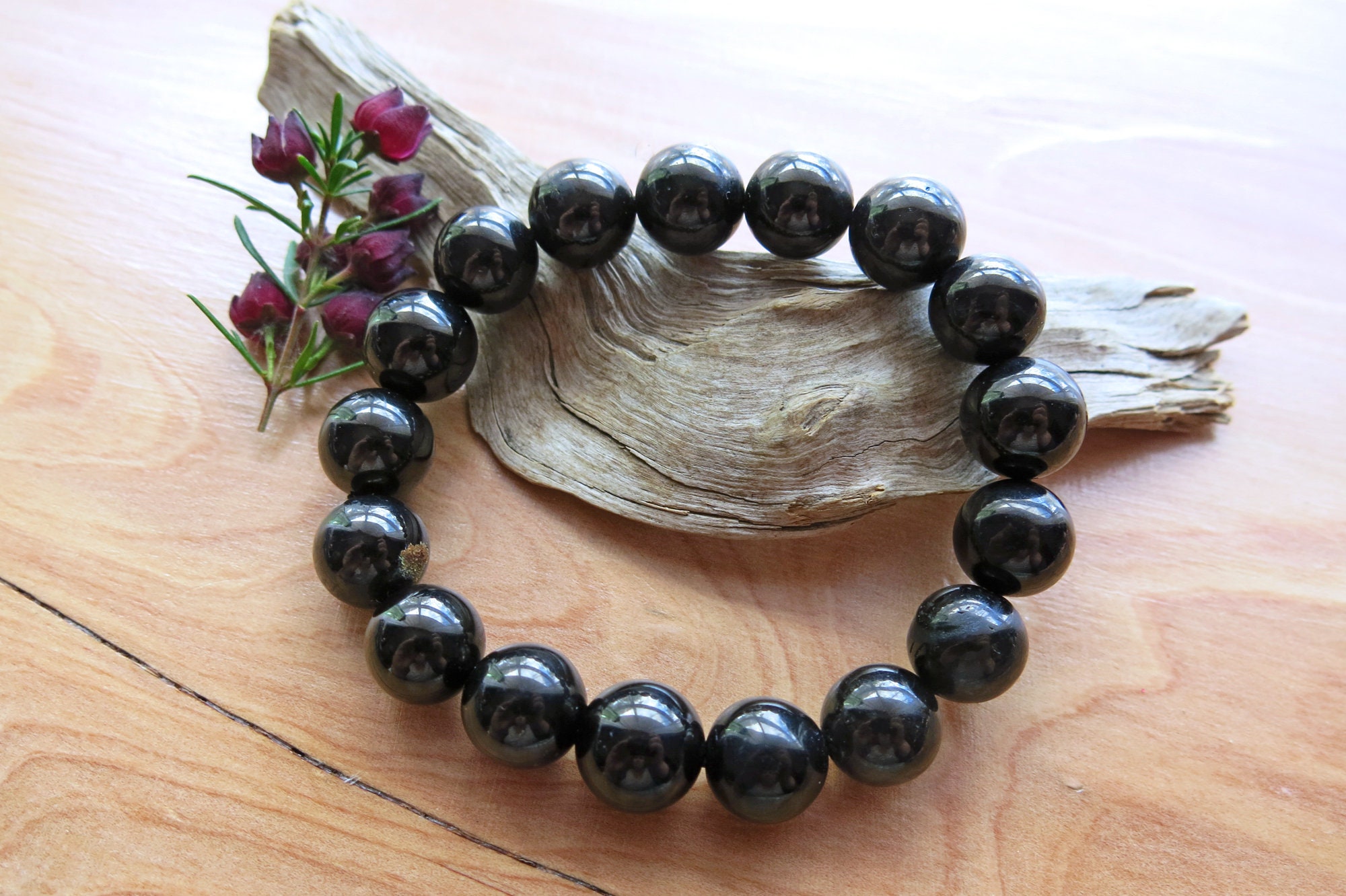 Jet Bracelet: 12mm Round Gemstone Beads, Comforting Stone