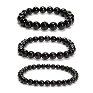 Black Jet Smooth Round Beaded Bracelet Size 6mm 8mm 10mm 7.5'' Length 3 Pcs/set