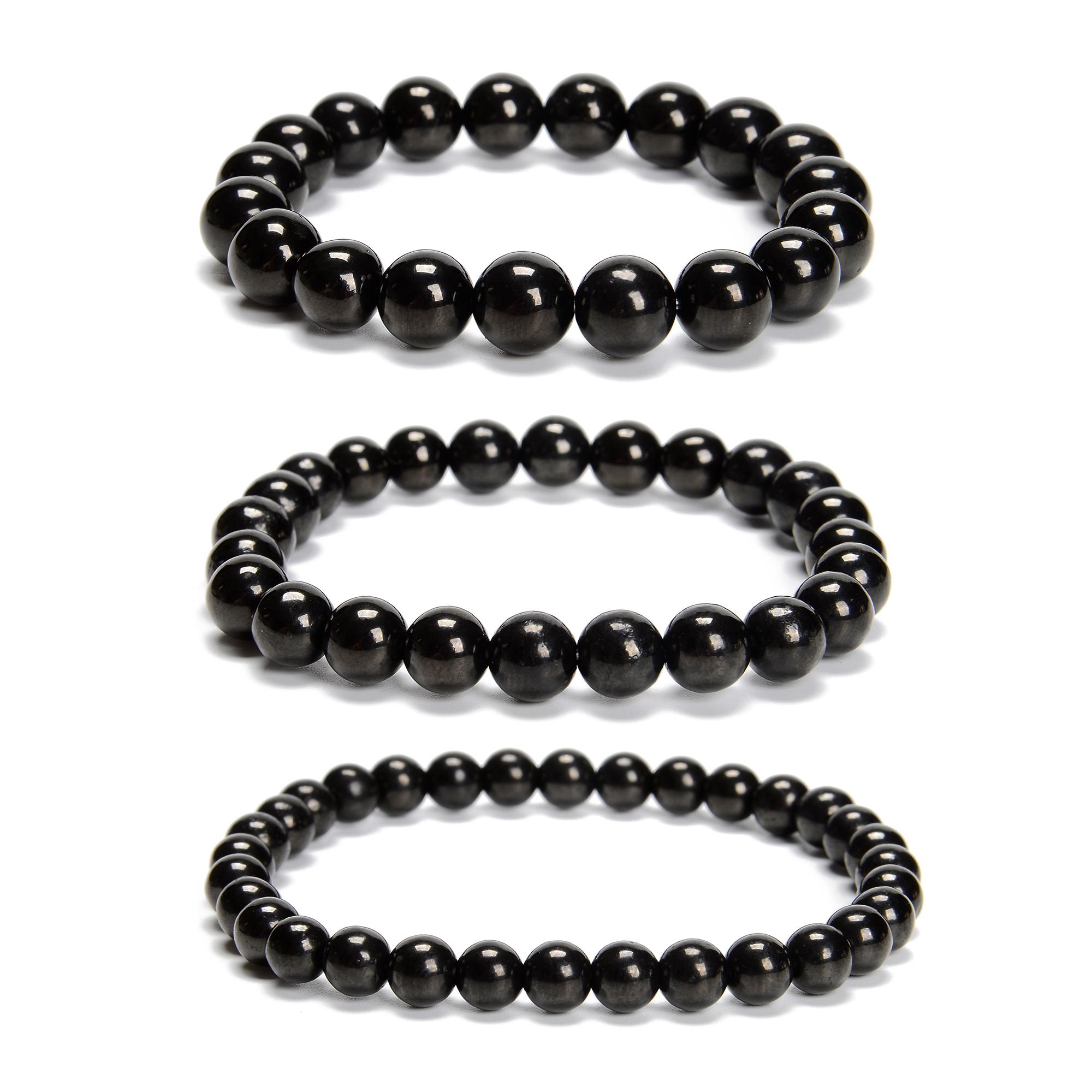 Black Jet Smooth Round Beaded Bracelet Size 6mm 8mm 10mm 7.5'' Length 3 Pcs/set