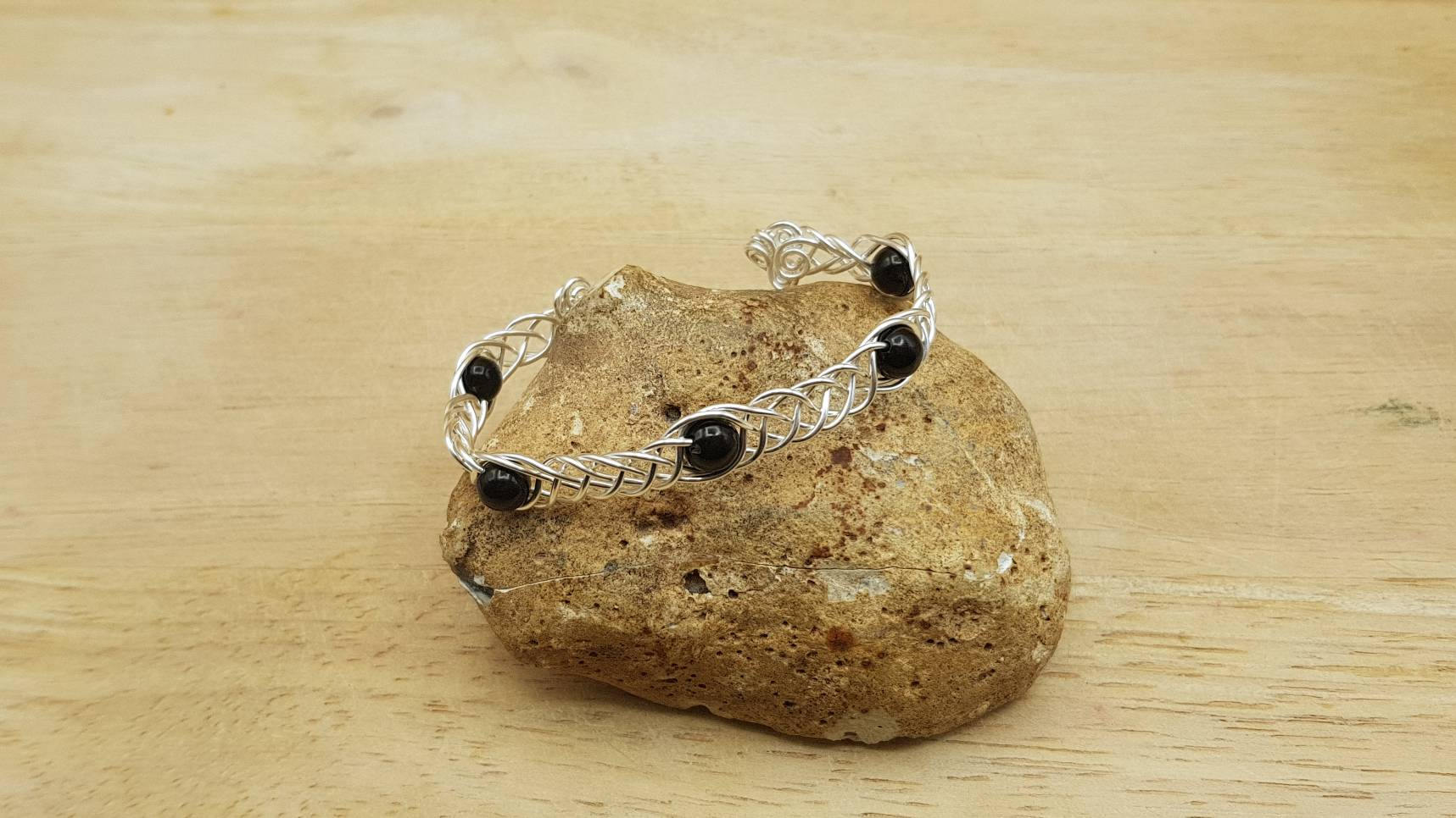 Celtic Knot Jet Cuff Bracelet. Silver Filled Wire Wrap Reiki Jewelry Uk. Celtic Weave Adjustable Bracelet