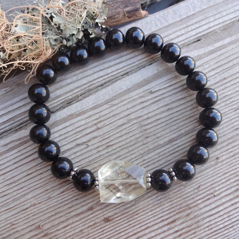 Protection Bracelet, Jet Stone &citrine Bracelet, Everyday Jewelry, Gemstone Bracelet, Stretch Bead Bracelet, Beaded Bracelets, Jet Bracelet