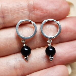 Black Jet Huggie Hoop Earrings. Sterling Silver. Reiki Jewelry Uk. Minimalist Earring. Earrings For Women