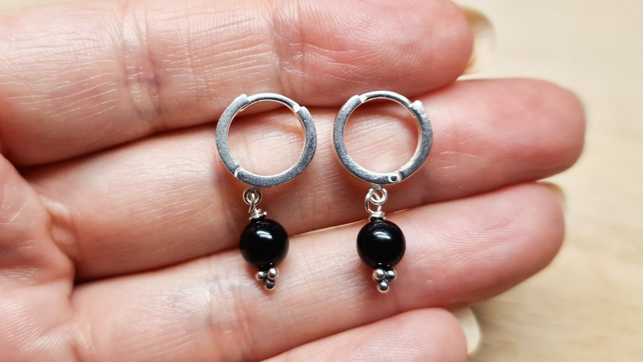 Black Jet Huggie Hoop Earrings. Sterling Silver. Reiki Jewelry Uk. Minimalist Earring. Earrings For Women