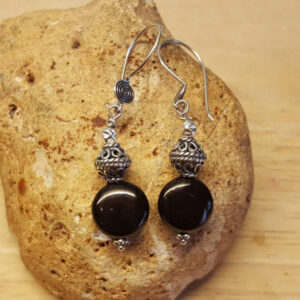 Small Black Jet Earrings. Reiki Jewelry Uk. Wire Wrapped Dangle Drop Earrings. 19x11mm. Bali Silver Beads