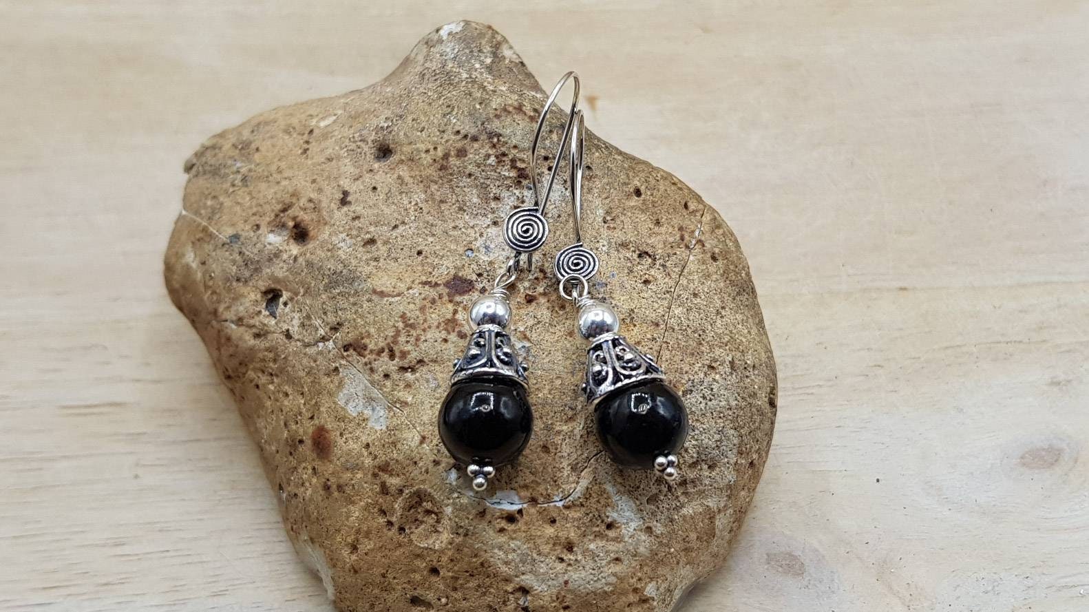 Small Black Jet Earrings. Reiki Jewelry Uk. Bali Silver Wire Wrapped Dangle Drop Earrings. 10mm Stones