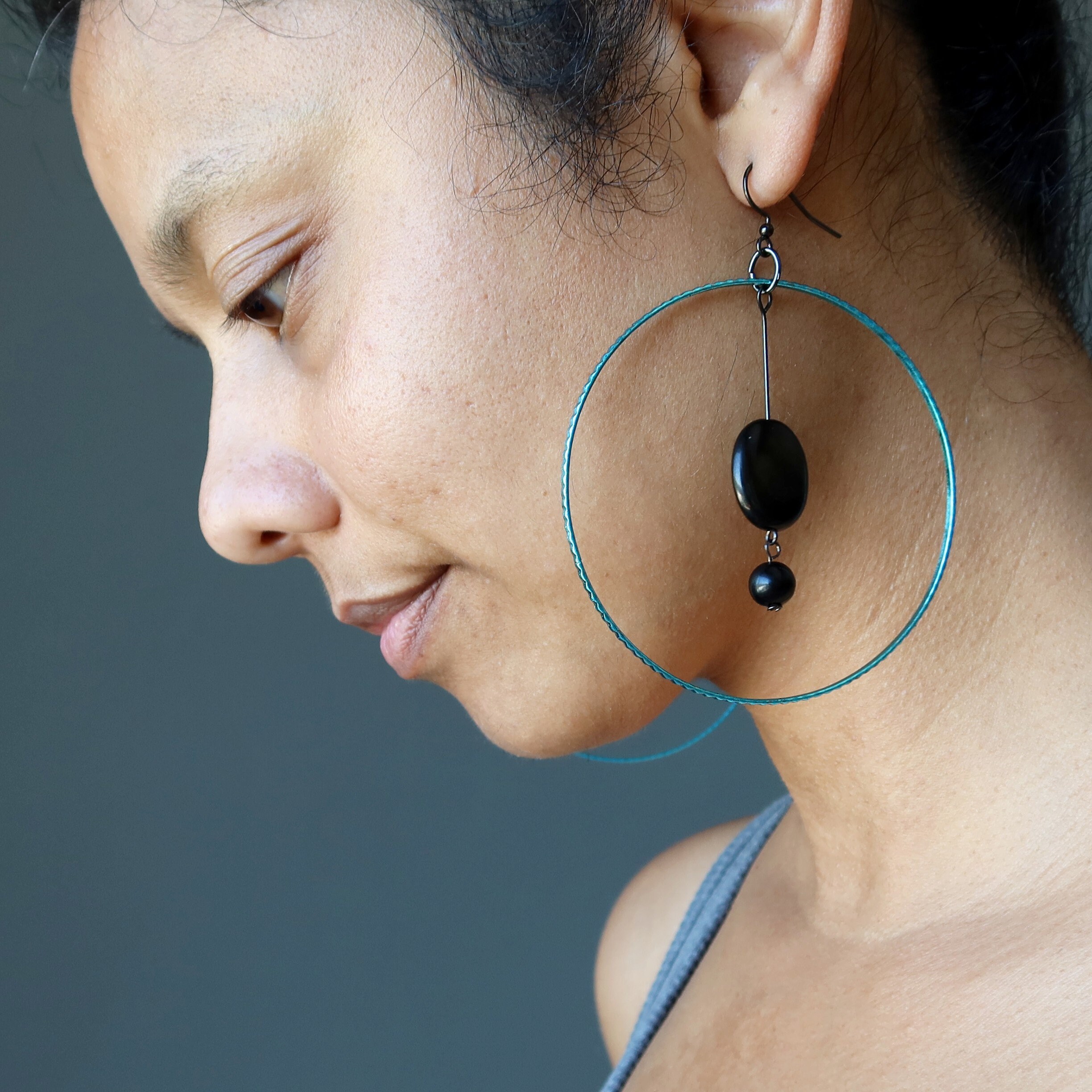 Jet Stone Hoop Earrings, Blue Steel, Calming Protection