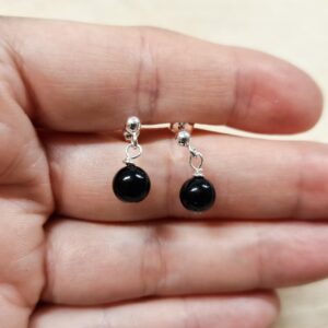 Tiny Black Jet French Drop Ball Stud Earrings, 925 Sterling Silver