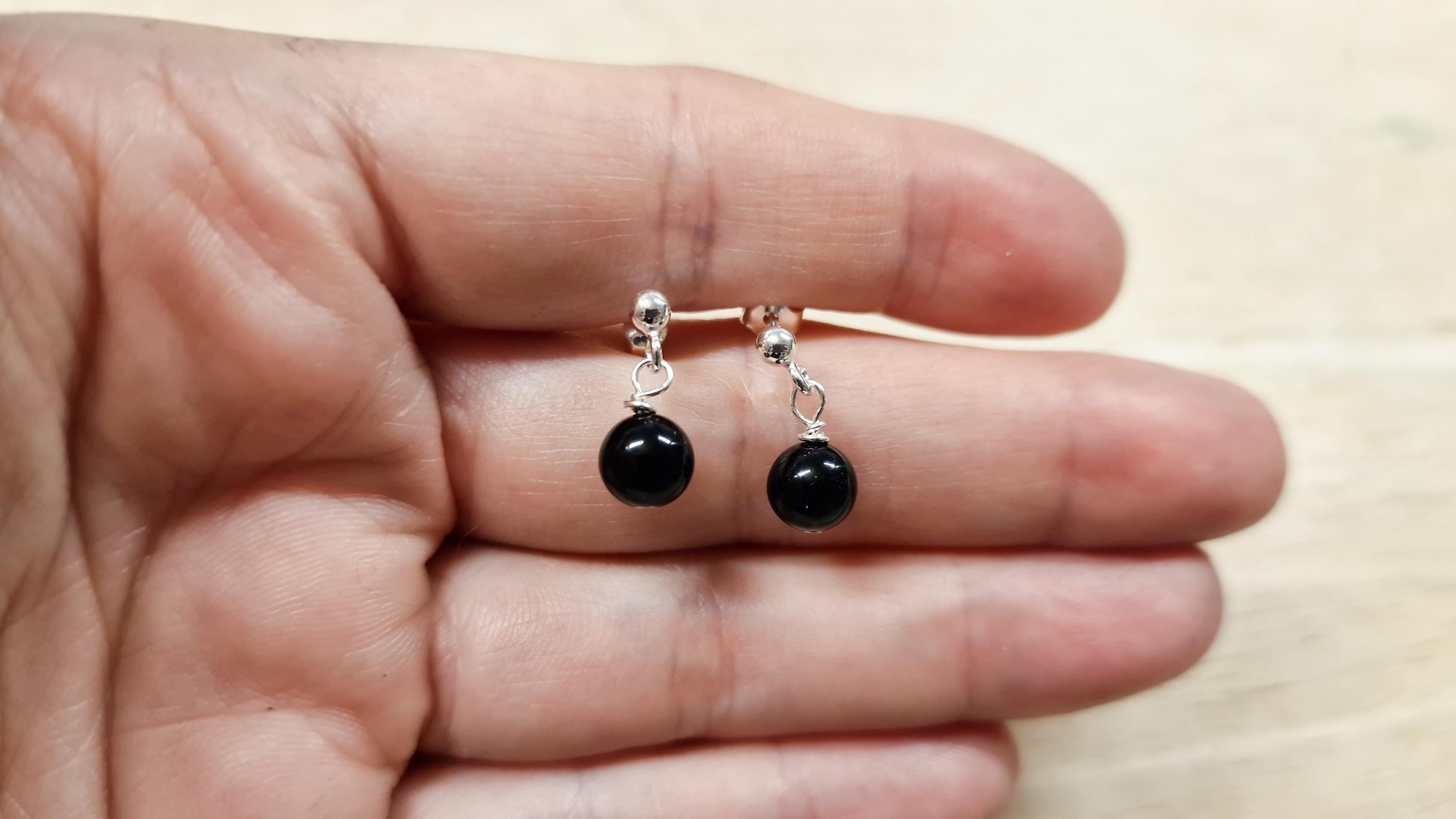 Tiny Black Jet French Drop Ball Stud Earrings, 925 Sterling Silver Tiny Black Jet French Drop Ball Stud Earrings, 925 Sterling Silver