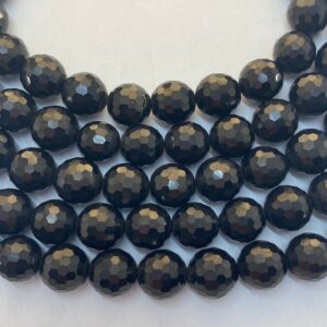 10mm Faceted Black JET (Lignite - a precursor to coal) gemstone beads. Full 15" strand of round beads, approx. 34 per strand.