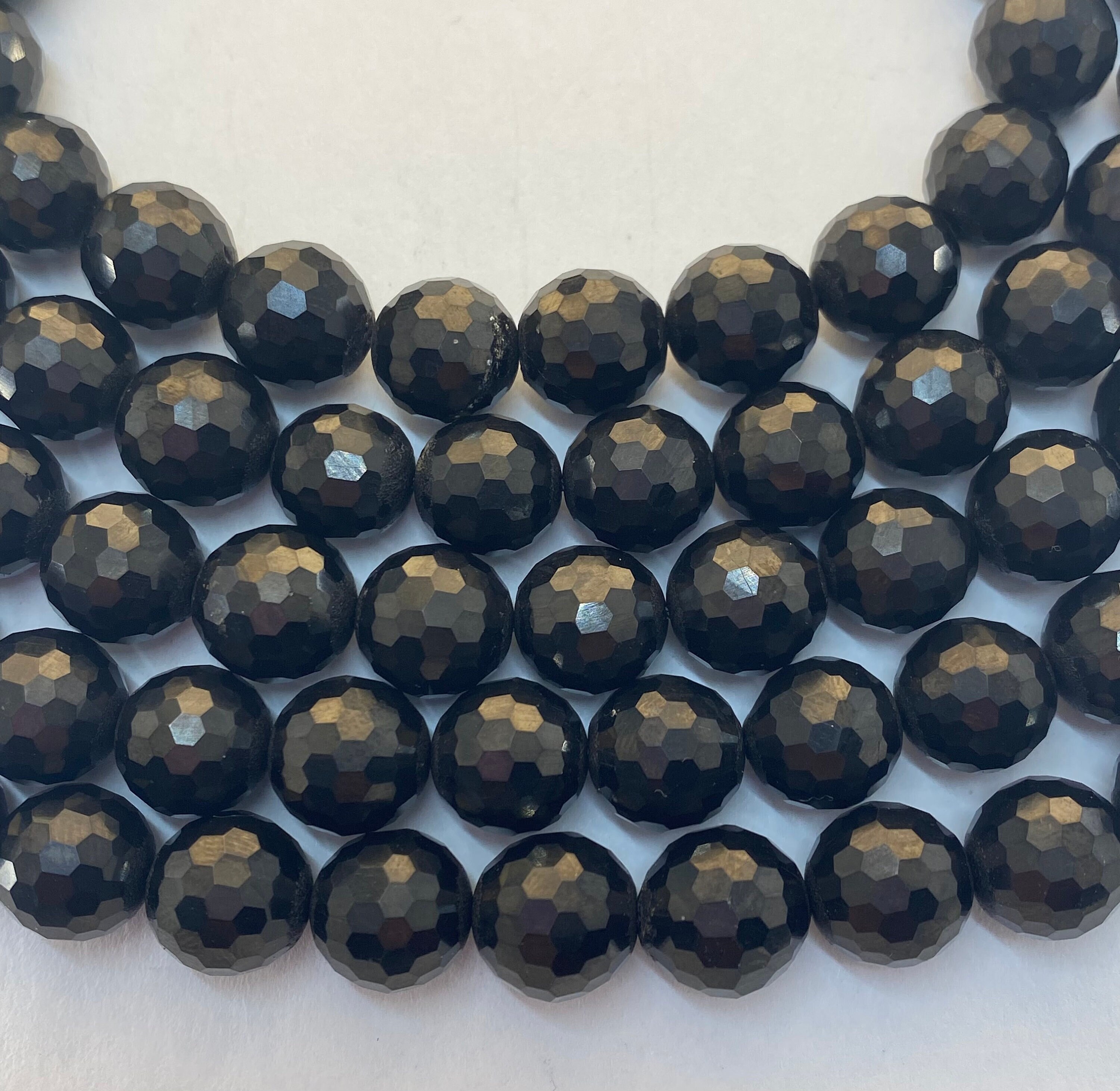 10mm Faceted Black Jet (lignite - A Precursor To Coal) Gemstone Beads. Full 15" Strand Of Round Beads, Approx. 34 Per Strand.