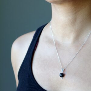 Jet Sweetheart Necklace Round Black Gemstone Sterling Silver Heart Chain