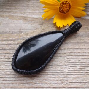 Black Jet Necklace, Protection Amulet, Macrame Pendant, Gothic Jewelry, Men's Necklace