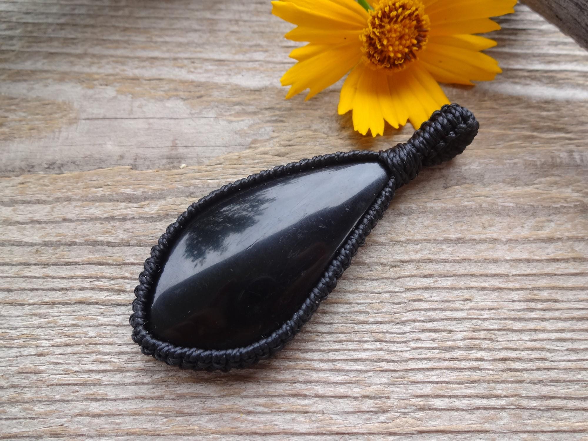 Black Jet Necklace, Protection Amulet, Macrame Pendant, Gothic Jewelry, Men's Necklace Black Jet Necklace, Protection Amulet, Macrame Pendant, Gothic Jewelry, Men's Necklace