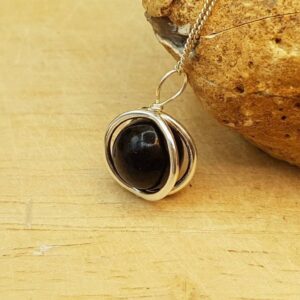 Jet circle pendant necklace. Small minimalist 3D round frame necklace. Reiki jewelry. Black stone 10mm Sterling silver necklaces for women