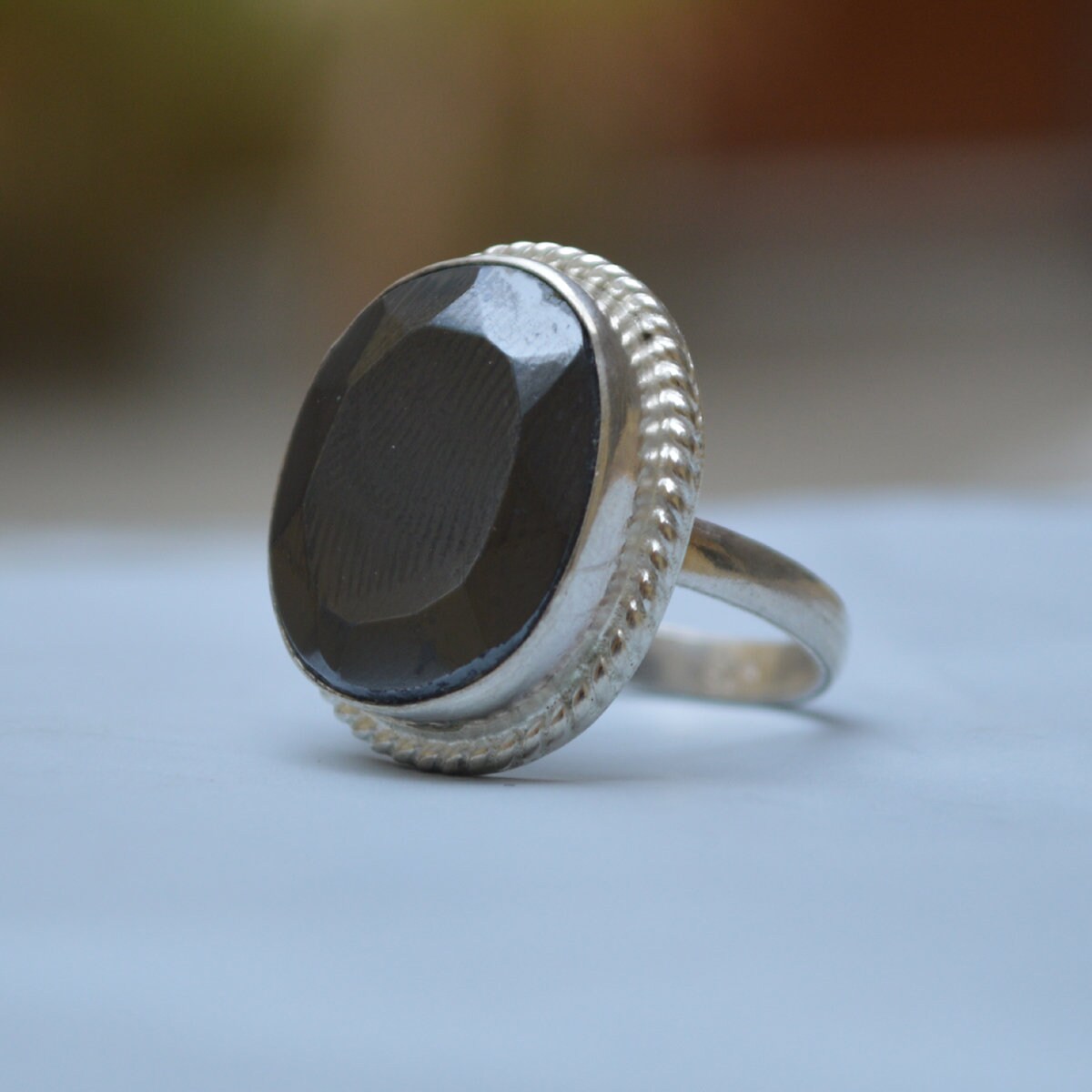 Oval Black Jet Gemstone Ring: Sterling Silver Statement Ring