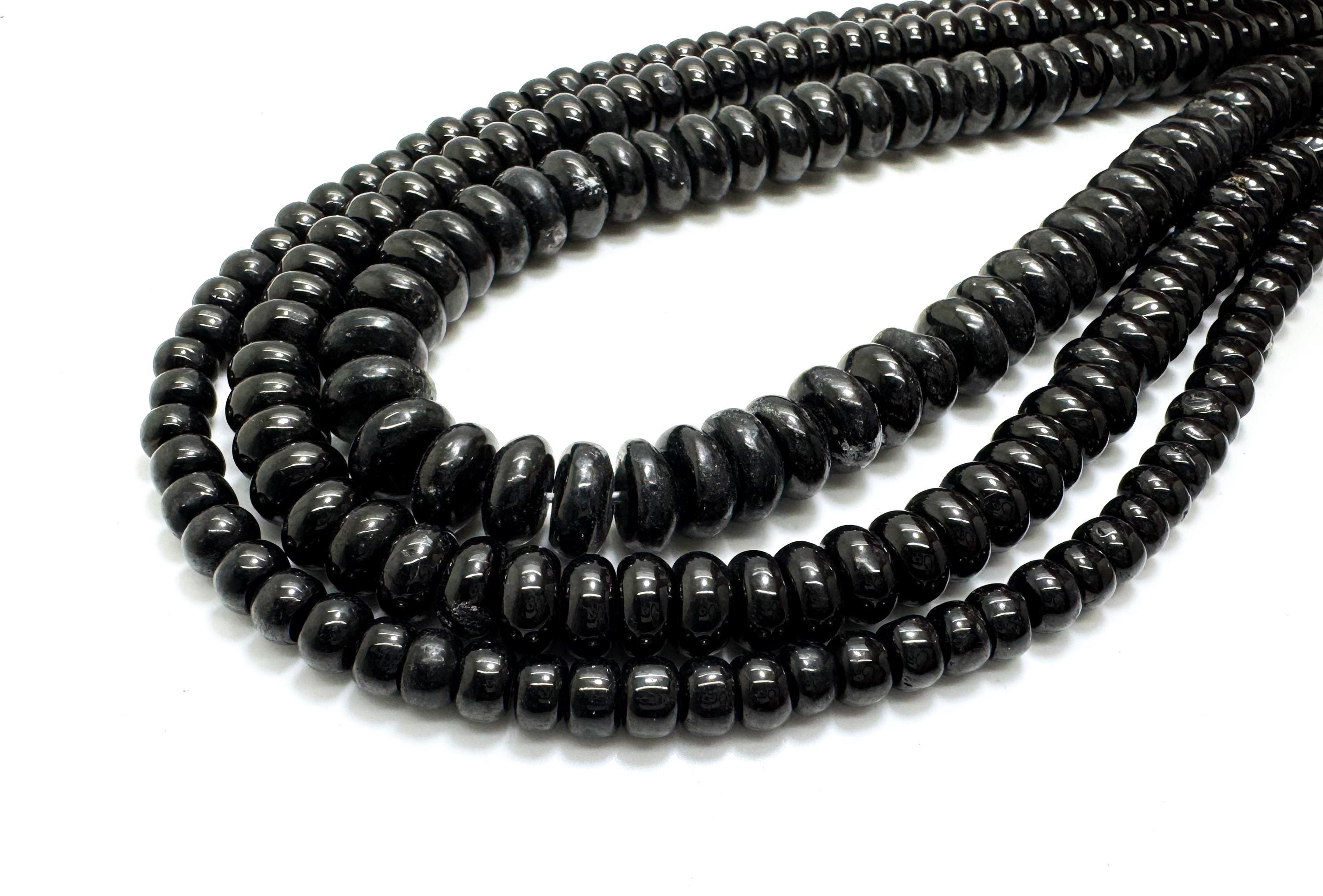 Natural Black Lignite Jet Gemstone Beads – Smooth Rondelle Shape | Pg148 | Full Strand | Jewelry Making Supplies - Pg148