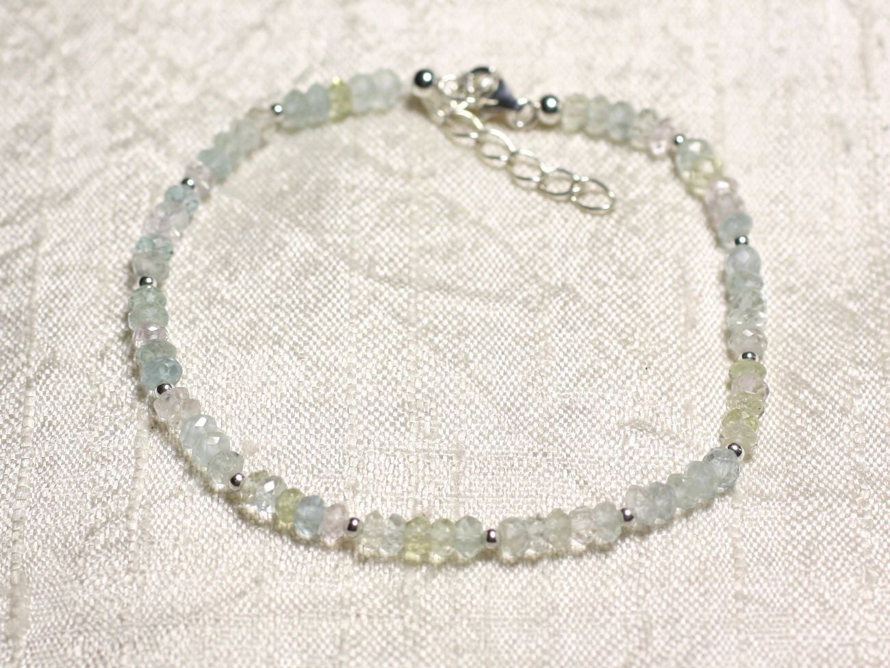 Bracelet Argent 925 Et Pierre - Aigue Marine Kunzite Rondelles Facettées 3mm