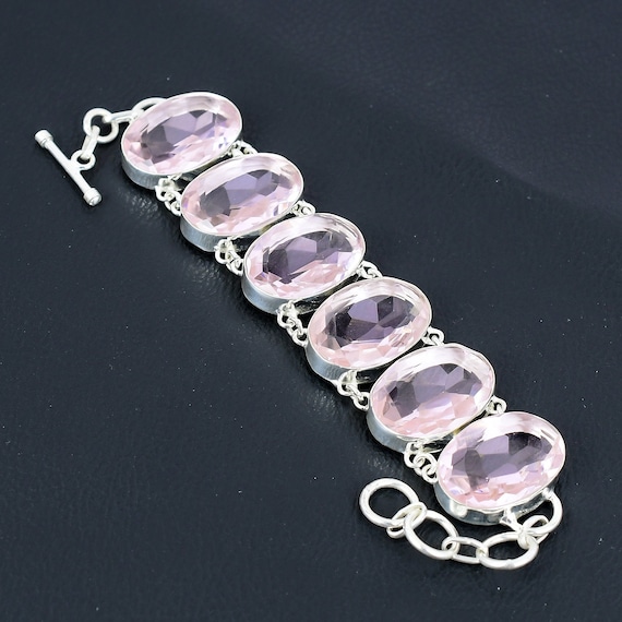 Faceted Pink Kunzite Bracelet: 925 Sterling Silver, Adjustable Antique Style