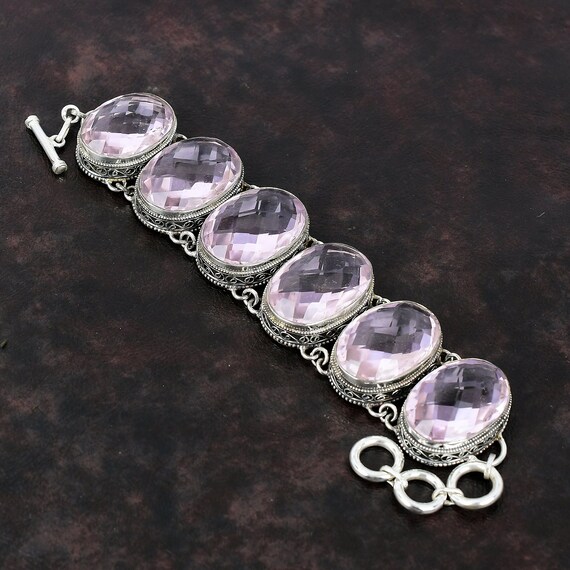 Faceted Pink Kunzite Gemstone Bracelet: Handmade 925 Sterling Silver