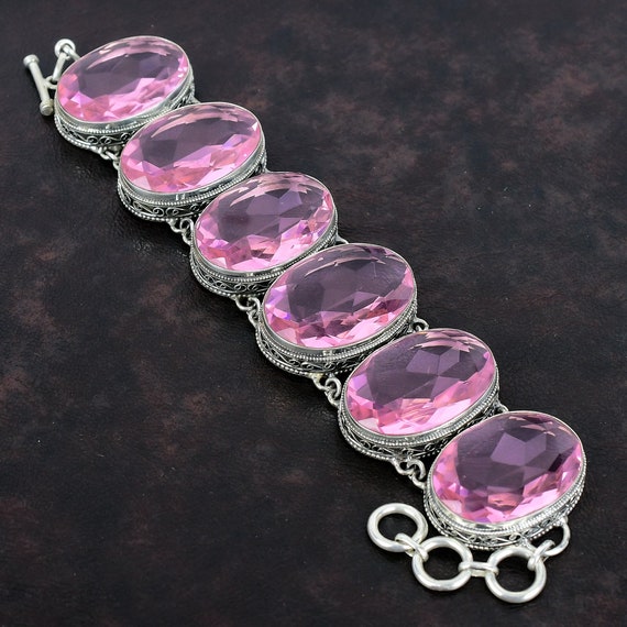 Faceted Pink Kunzite Bracelet: Handmade 925 Sterling Silver, Adjustable Vintage Jewelry