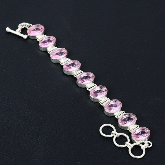 Faceted Pink Kunzite Bracelet: Handmade 925 Sterling Silver, Adjustable Chain