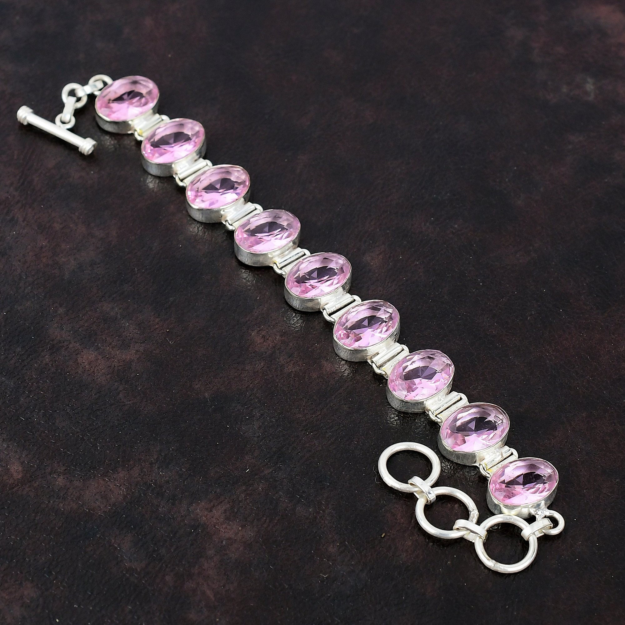 Handmade Faceted Pink Kunzite Bracelet: 925 Sterling Silver Adjustable Chain