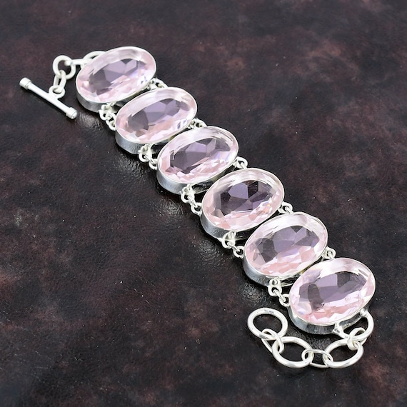 Handmade Faceted Pink Kunzite Bracelet: 925 Sterling Silver Adjustable Chain