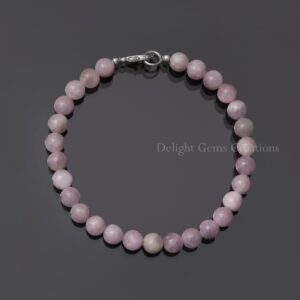 Pink Kunzite Beaded Bracelet, 925 Sterling Silver, 7mm Round Gemstone