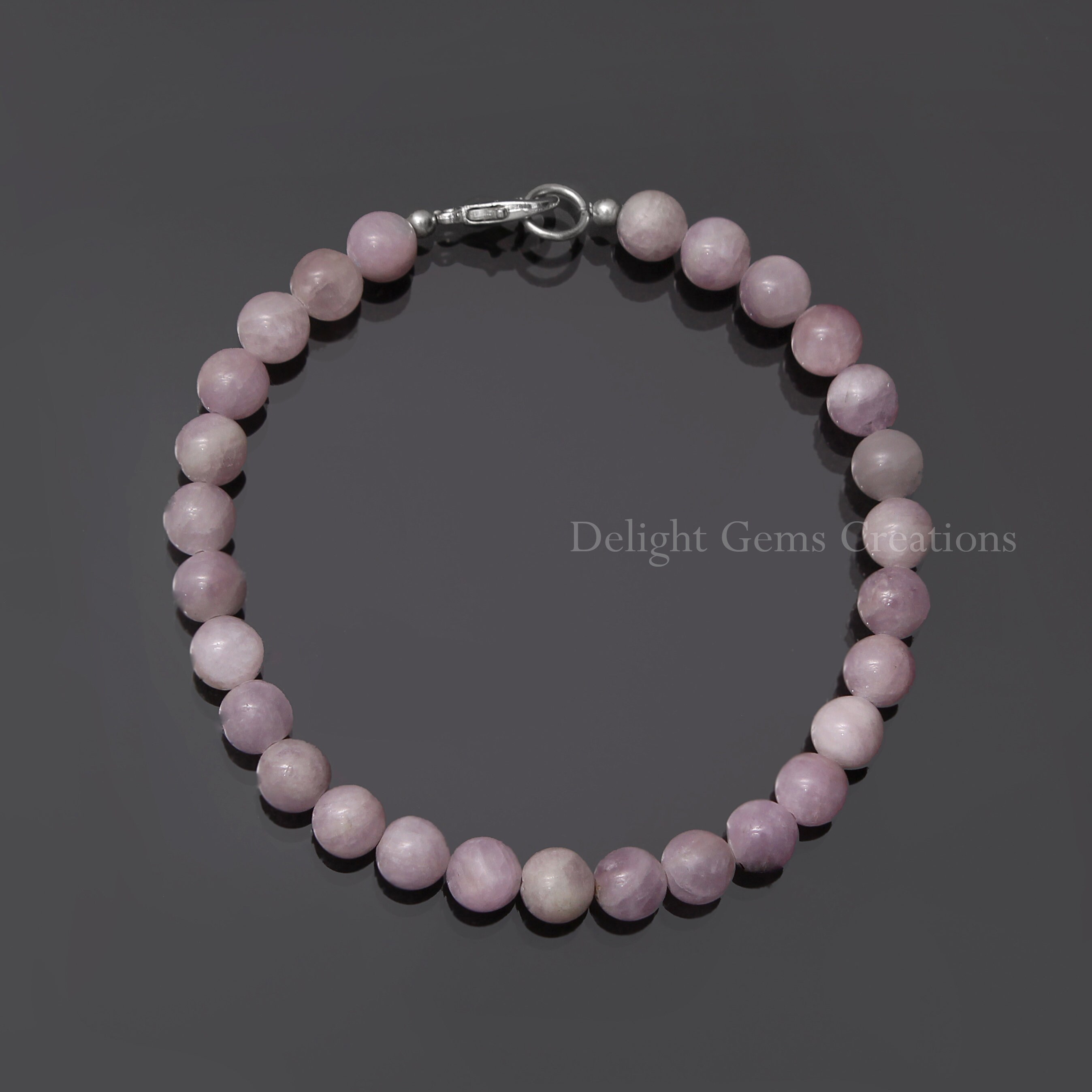 Pink Kunzite Beaded Bracelet, 925 Sterling Silver, 7mm Round Gemstone