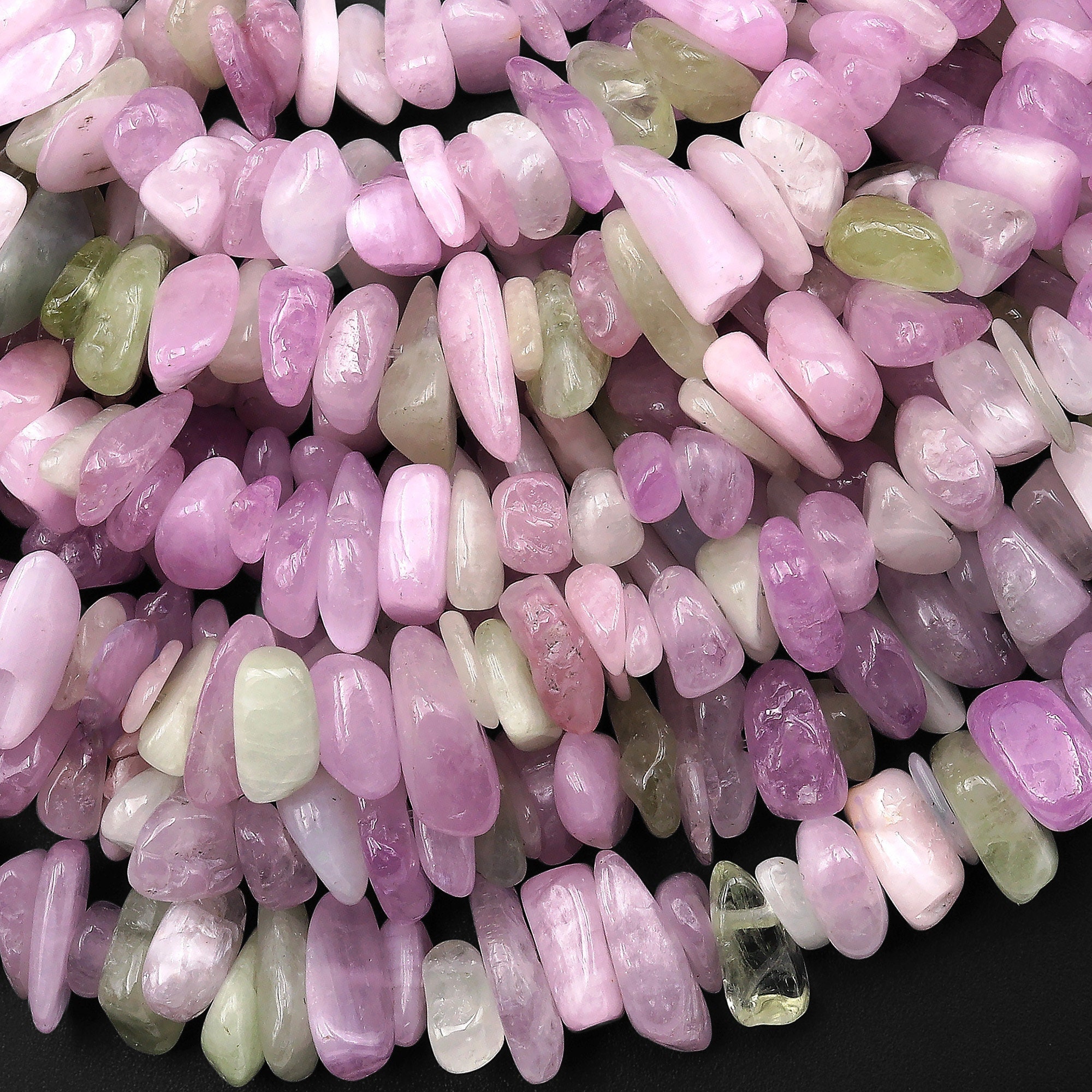 Gemmy Delicious Natural Green Violet Pink Kunzite Freeform Chip Spike Beads Center Drilled Gemstone 15.5" Strand Gemmy Delicious Natural Green Violet Pink Kunzite Freeform Chip Spike Beads Center Drilled Gemstone 15.5" Strand