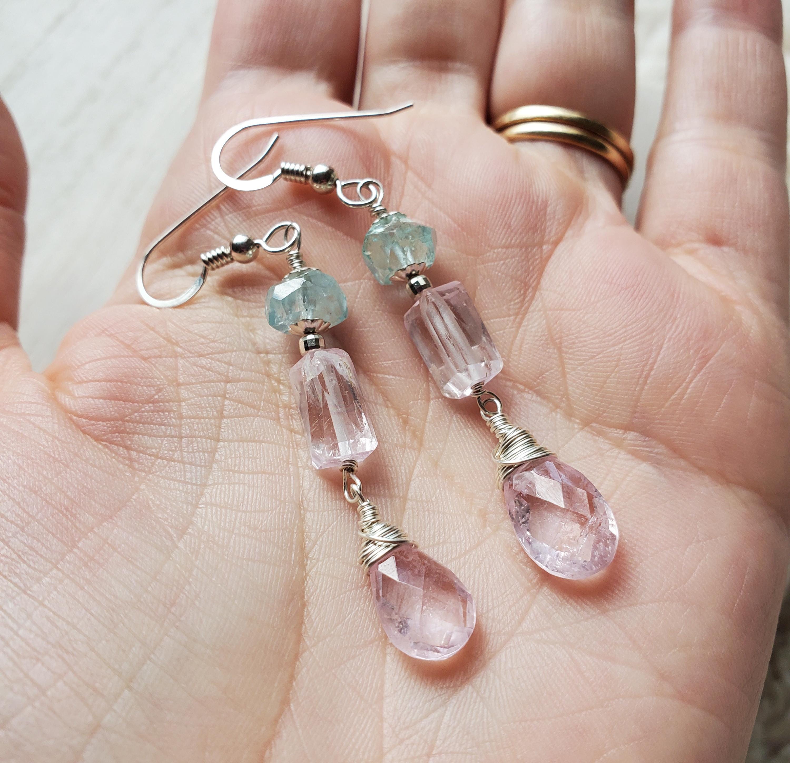 Aquamarine, Kunzite And Morganite Sterling Silver Earrings, Gemstone Dangle Earrings Aquamarine, Kunzite And Morganite Sterling Silver Earrings, Gemstone Dangle Earrings