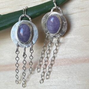 Circular kunzite earrings on stamped silver with chain accents Circular kunzite earrings on stamped silver with chain accents