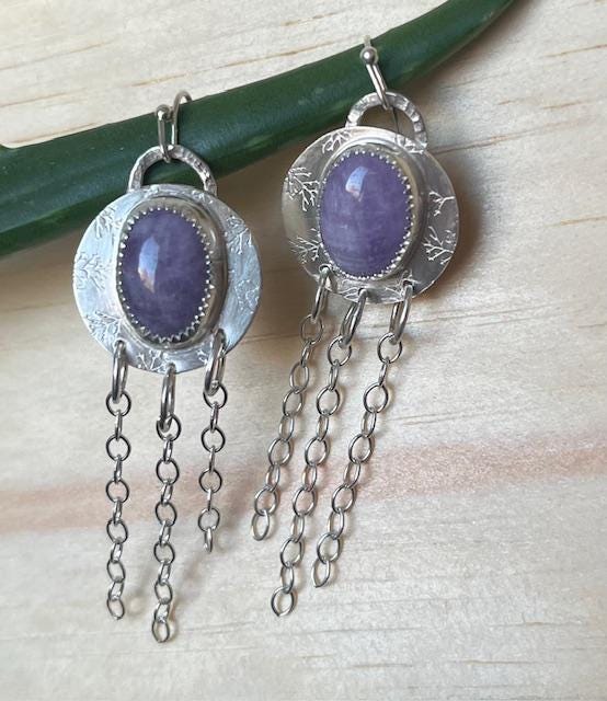 Circular Kunzite Earrings On Stamped Silver With Chain Accents